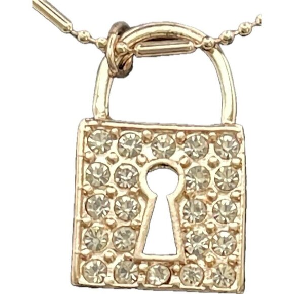 Guess Rose Gold Pave Crystal Lock-Key-Heart Charms Triple Strand Chain Necklace - Picture 5 of 7